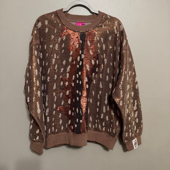 The Queen Of Sparkles Brown Deer Sweatshirt fully sequined and beaded six’s larg - Picture 2 of 8